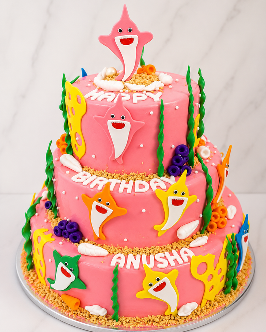 Baby Shark Theme Three-Tier Birthday Cake