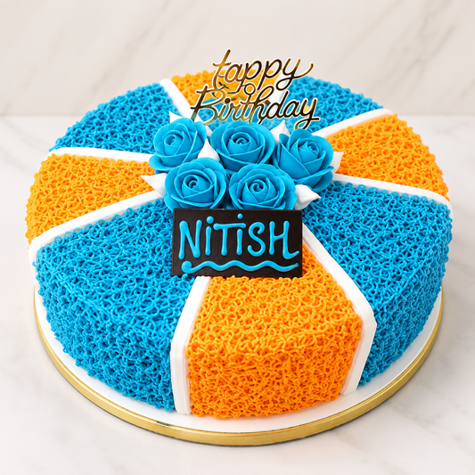 Blue & Orange Rosette Birthday Cake