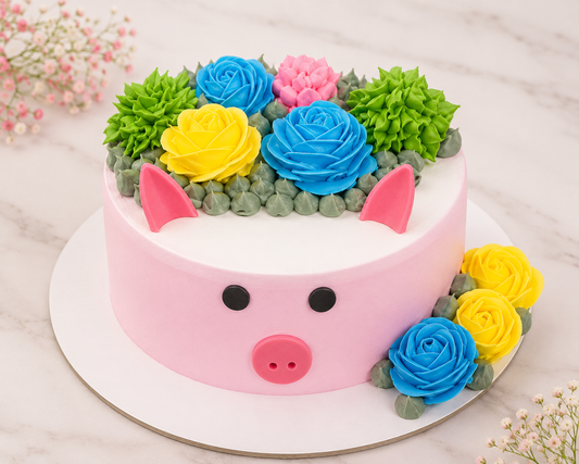 Cute Piggy Floral Theme Cake