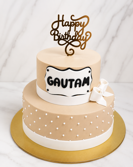 Elegant Beige Two-Tier Birthday Cake
