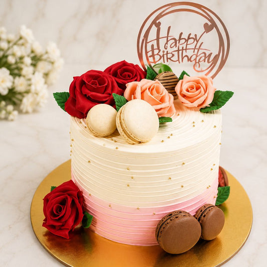 Elegant Rose Macaron Birthday Cake