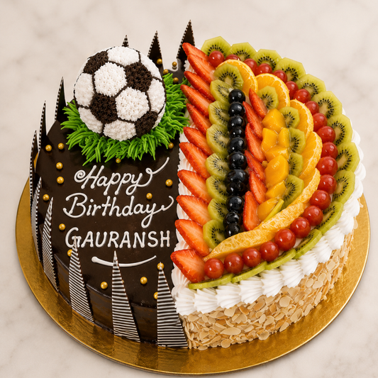 Football Theme Half Chocolate Half Fruit Birthday Cake