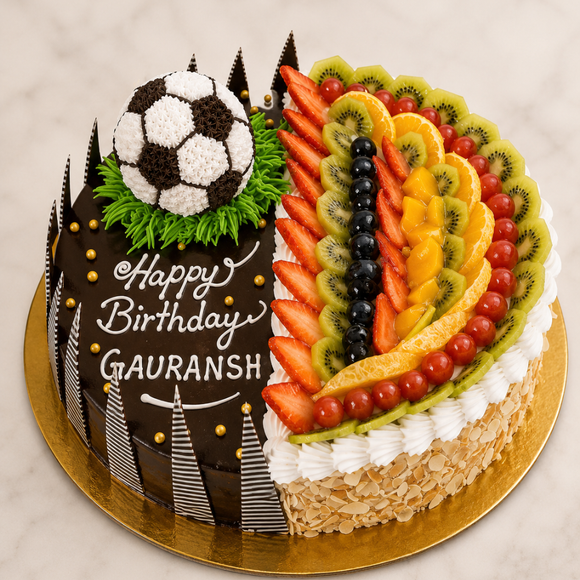 Football Theme Half Chocolate Half Fruit Birthday Cake