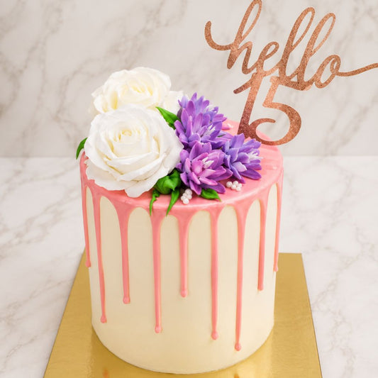 Hello 15 Floral Drip Cake