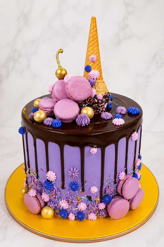 Lavender Chocolate Drip Macaron Cake