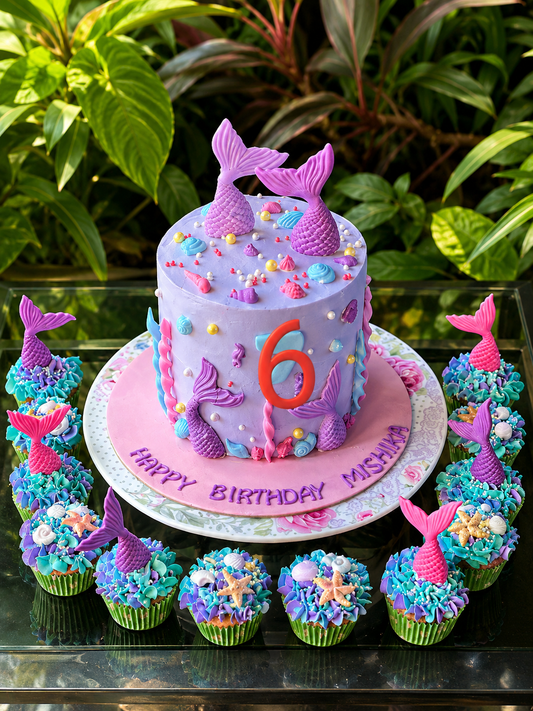Mermaid Theme Birthday Cake with Cupcakes