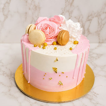 Pink Floral Macaron Drip Cake