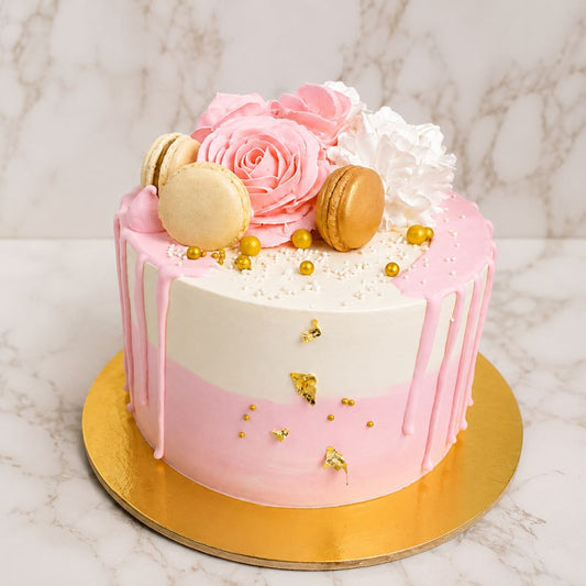 Pink Floral Macaron Drip Cake