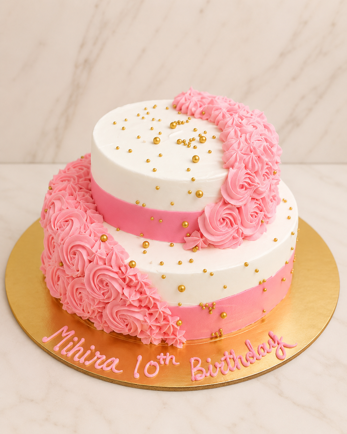 Pink Rosette Double Tier Birthday Cake