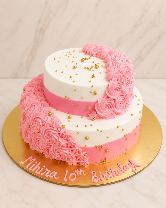 Pink Rosette Double Tier Birthday Cake