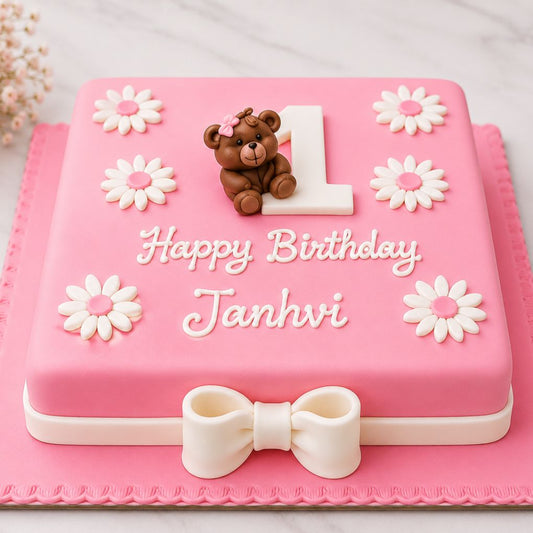 Pink Teddy First Birthday Cake