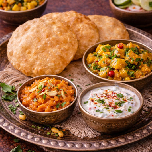 Puri Sabji Halwa With Raita