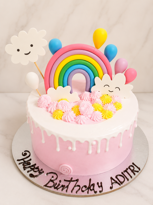 Rainbow Clouds Drip Birthday Cake
