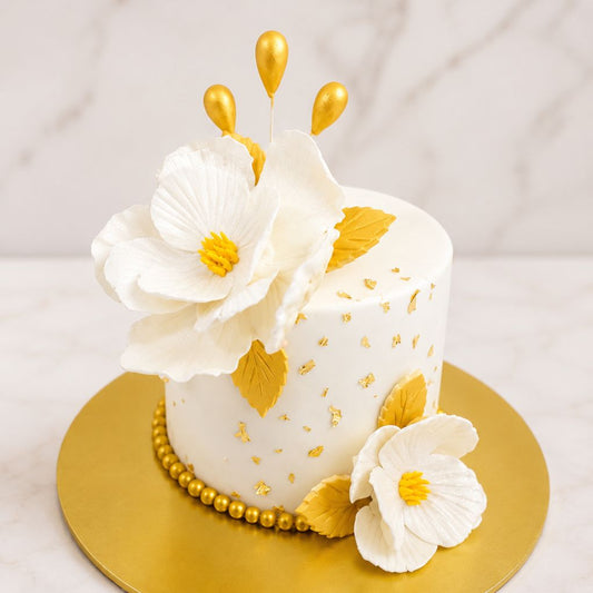 White & Gold Floral Designer Cake