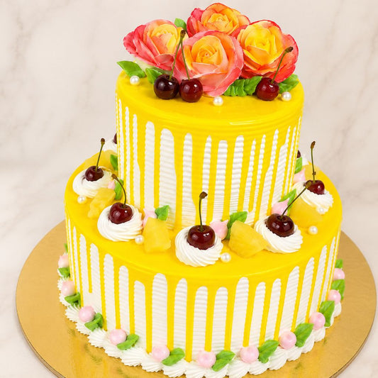 Yellow Floral Cherry Drip Cake